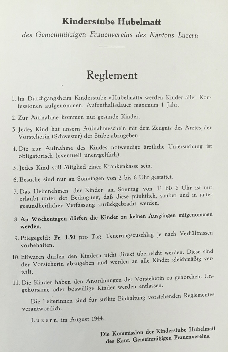 Reglement der Kinderstube Hubelmatt von 1944